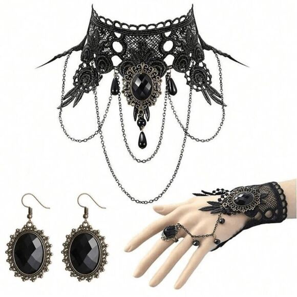 3PCS Gothic Victorian Vintage Retro Halloween Costume Black Accessories Set NEW - Picture 1 of 16
